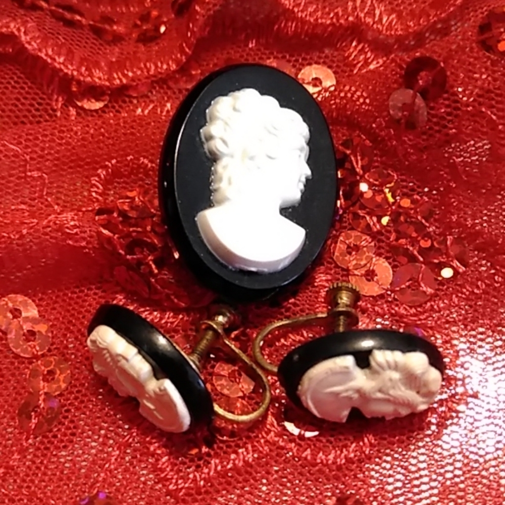 Cameo pin and earrings